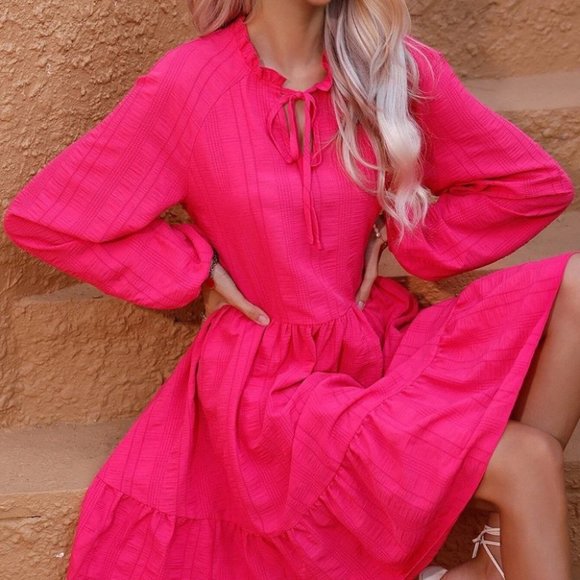 Boho Tie Neck Lantern Sleeve Ruffle Hem Pink Dress - Picture 2 of 5